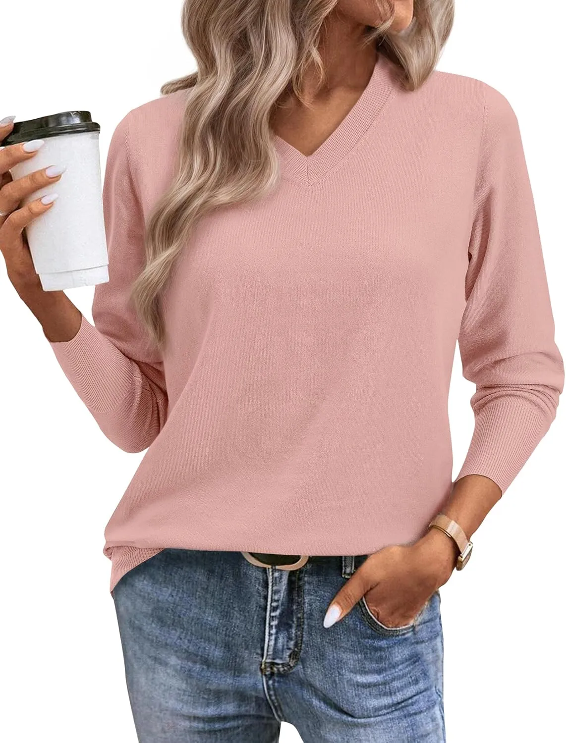 2025 Women's Sweaters Knitted Ribbed Casual Thin Long Sleeve Pullover V Neck Lightweight Sweatshirts Cute Blouse Tops