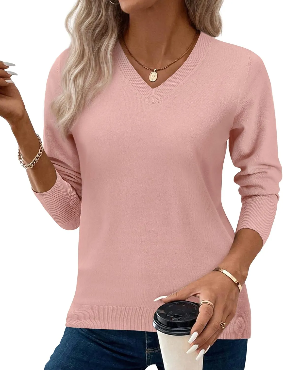 2025 Women's Sweaters Knitted Ribbed Casual Thin Long Sleeve Pullover V Neck Lightweight Sweatshirts Cute Blouse Tops