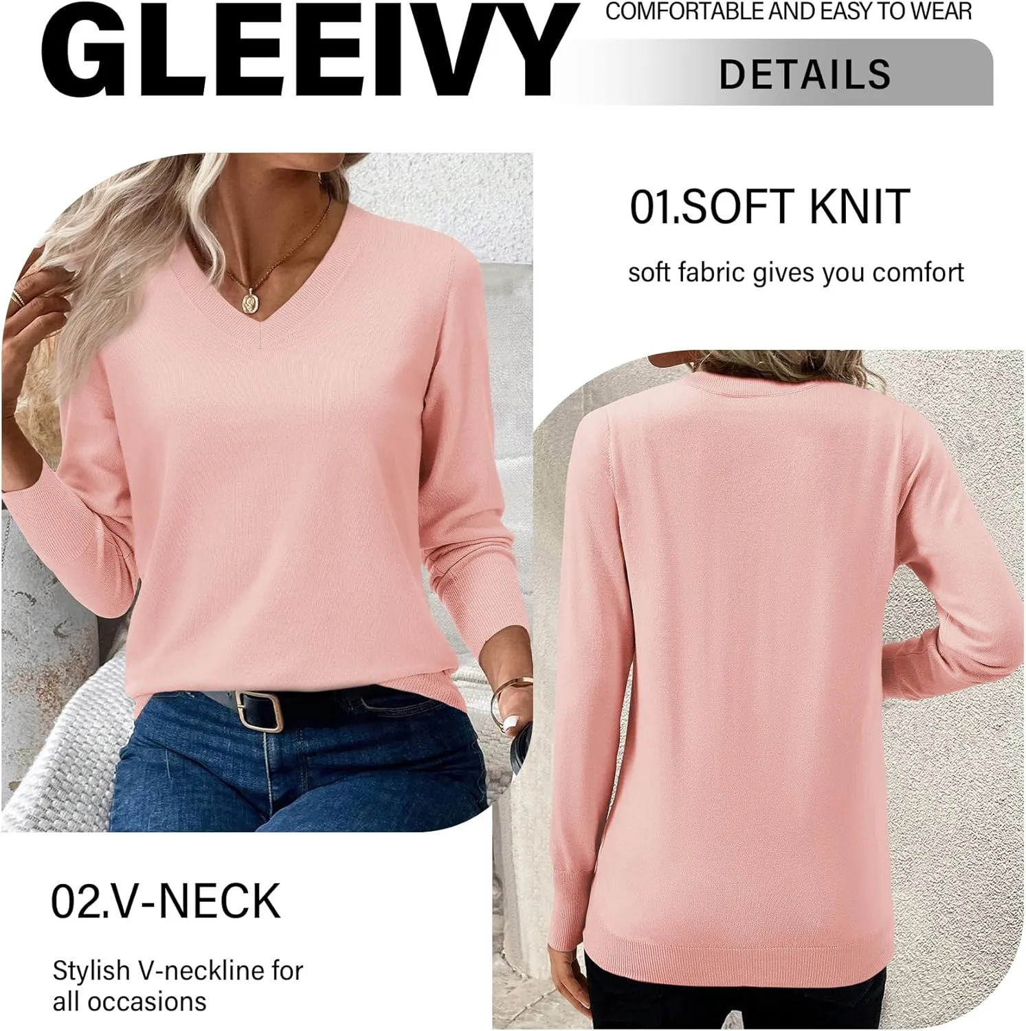 2025 Women's Sweaters Knitted Ribbed Casual Thin Long Sleeve Pullover V Neck Lightweight Sweatshirts Cute Blouse Tops