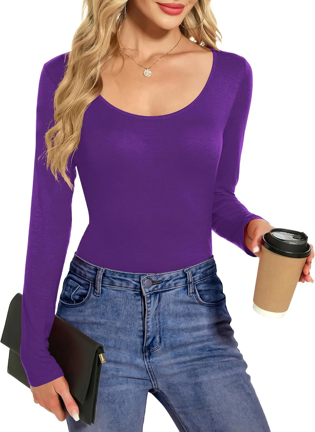 Amoretu Tops for Women Basic Long Sleeve T Shirts Plain Casual Loose Fit Round Neck Tee for Fall Clothing