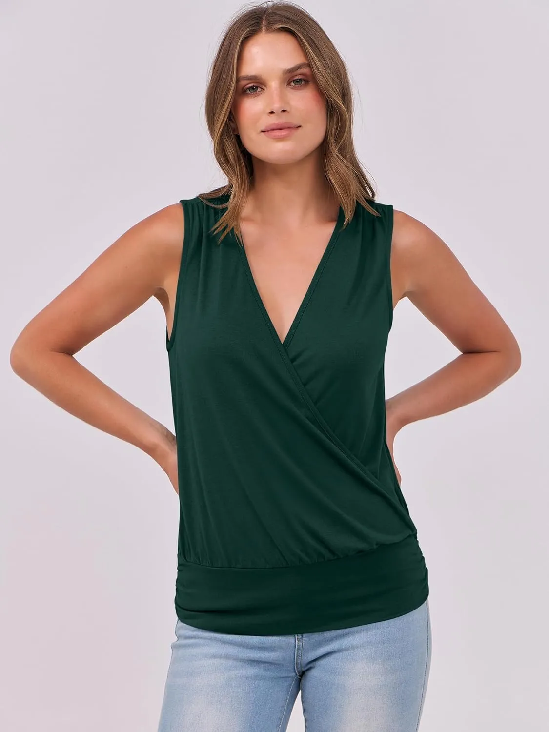 ANRABESS Womens V Neck Tank Tops Wrap Banded Hem Shirts Sleeveless Ruched Going Out Blouse 2025 Summer Fashion Clothing