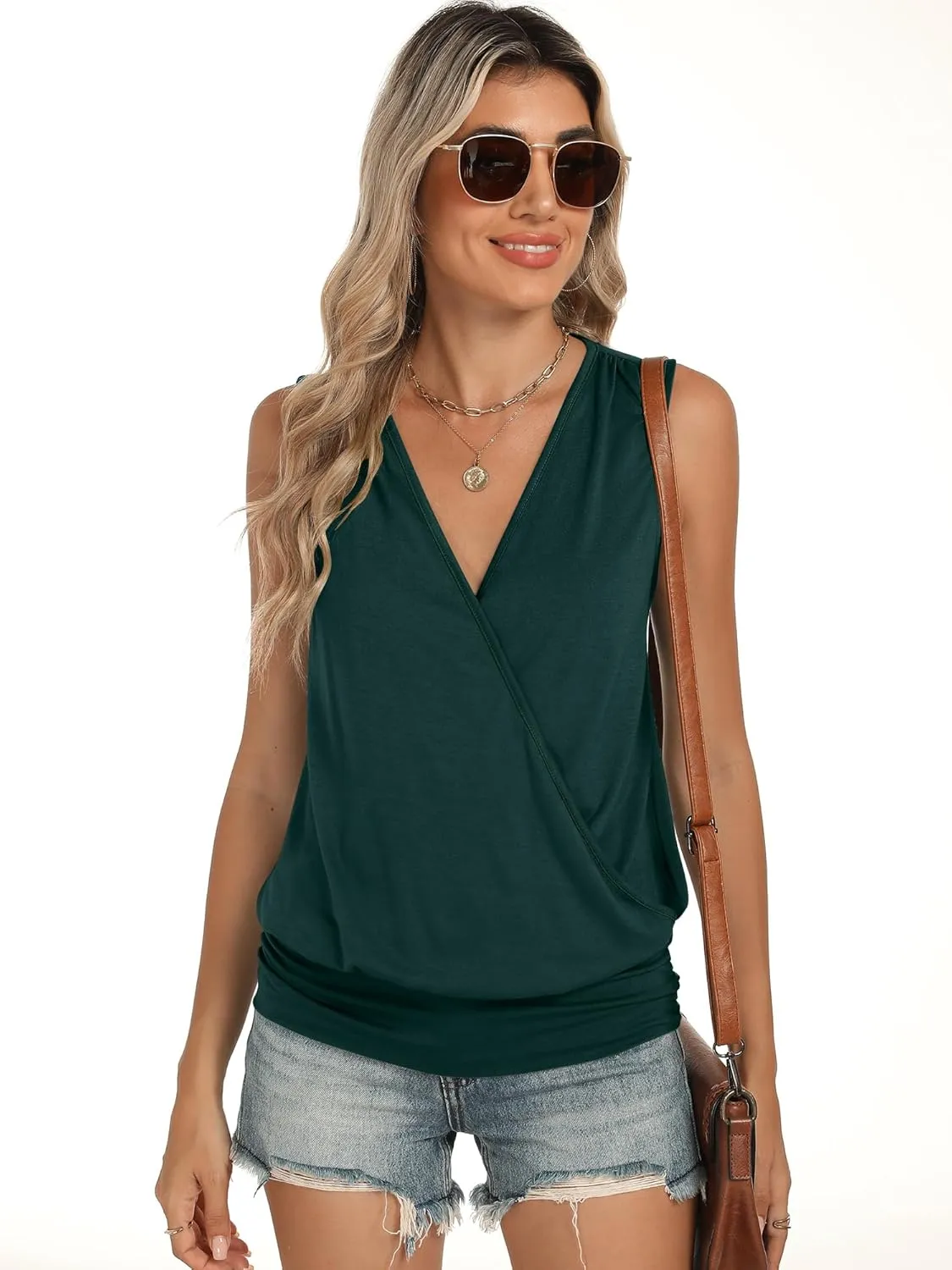 ANRABESS Womens V Neck Tank Tops Wrap Banded Hem Shirts Sleeveless Ruched Going Out Blouse 2025 Summer Fashion Clothing