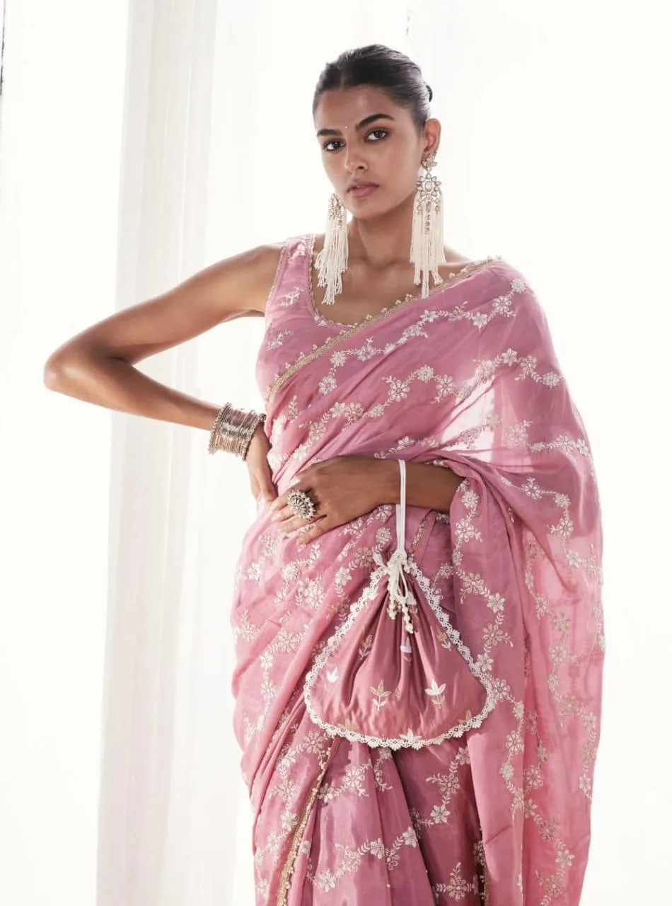 Baby Pink Georgette Silk Embroidery Saree