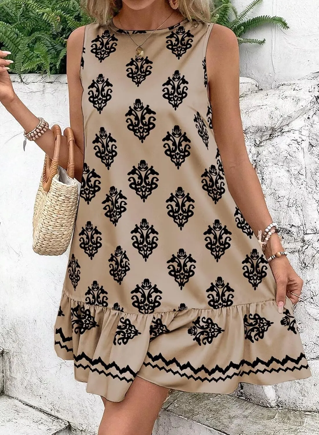 BLENCOT Womens Floral Dress Sleeveless Ruffle Mini Summer Casual Dresses