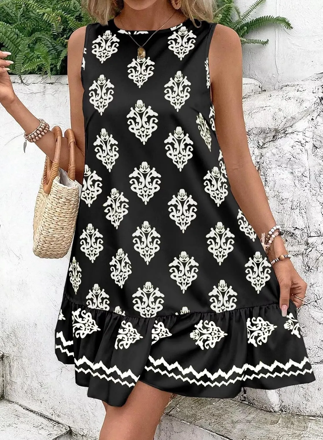 BLENCOT Womens Floral Dress Sleeveless Ruffle Mini Summer Casual Dresses