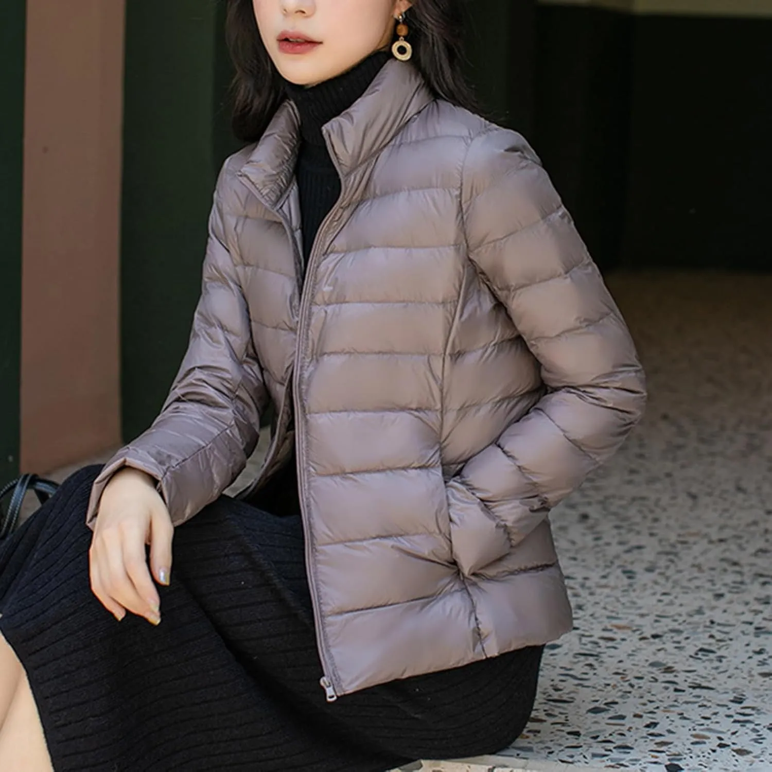 BOXIACEY Winter Coats for Women Solid Packable Puffer Down Jackets Warm Parkas Stand Collar Long Sleeve Outwear with Pockets