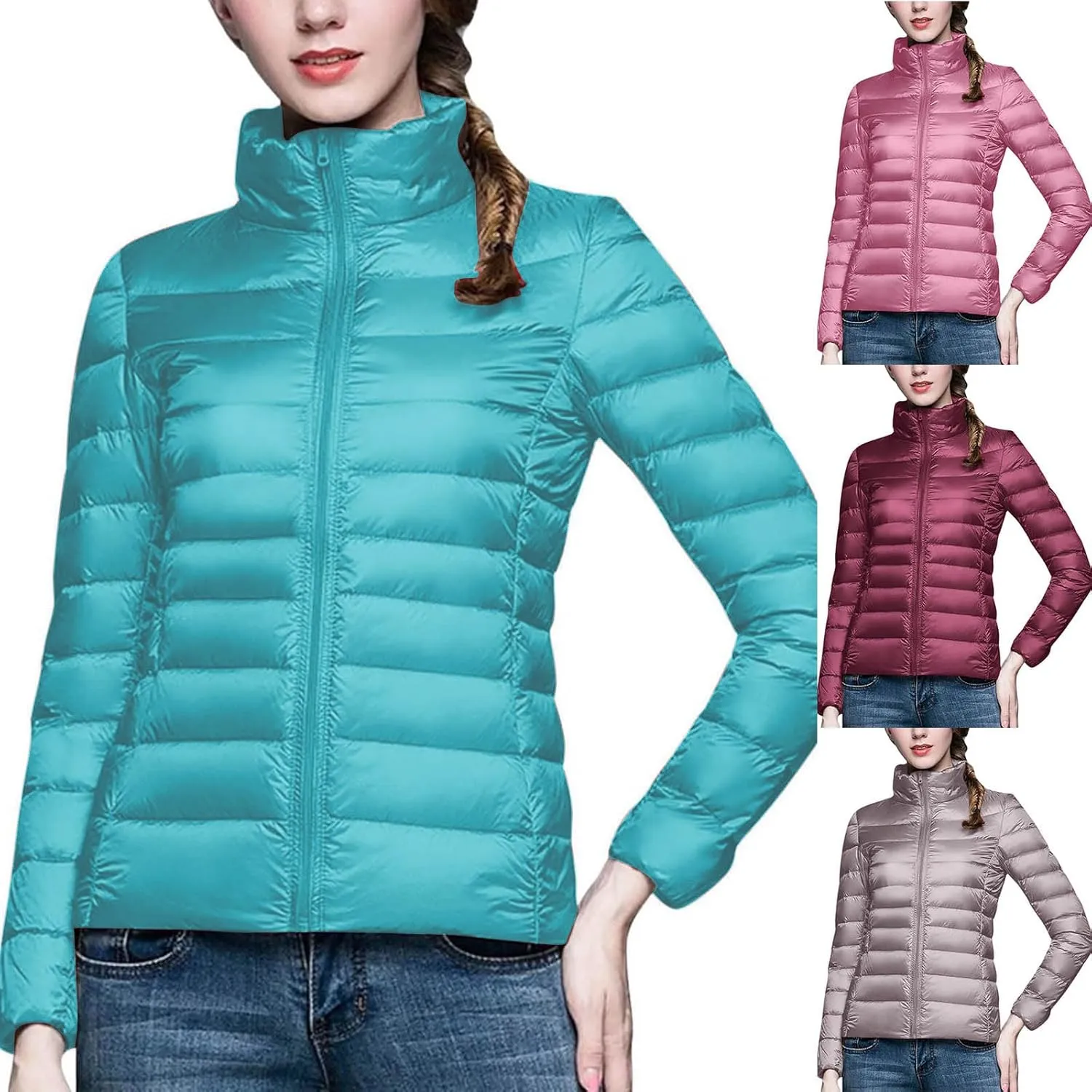 BOXIACEY Winter Coats for Women Solid Packable Puffer Down Jackets Warm Parkas Stand Collar Long Sleeve Outwear with Pockets