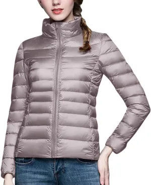 BOXIACEY Winter Coats for Women Solid Packable Puffer Down Jackets Warm Parkas Stand Collar Long Sleeve Outwear with Pockets