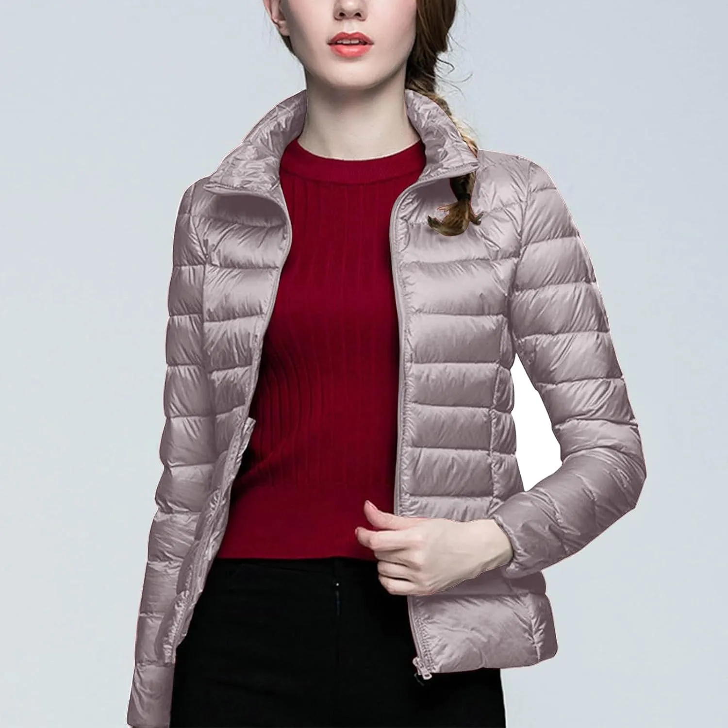 BOXIACEY Winter Coats for Women Solid Packable Puffer Down Jackets Warm Parkas Stand Collar Long Sleeve Outwear with Pockets