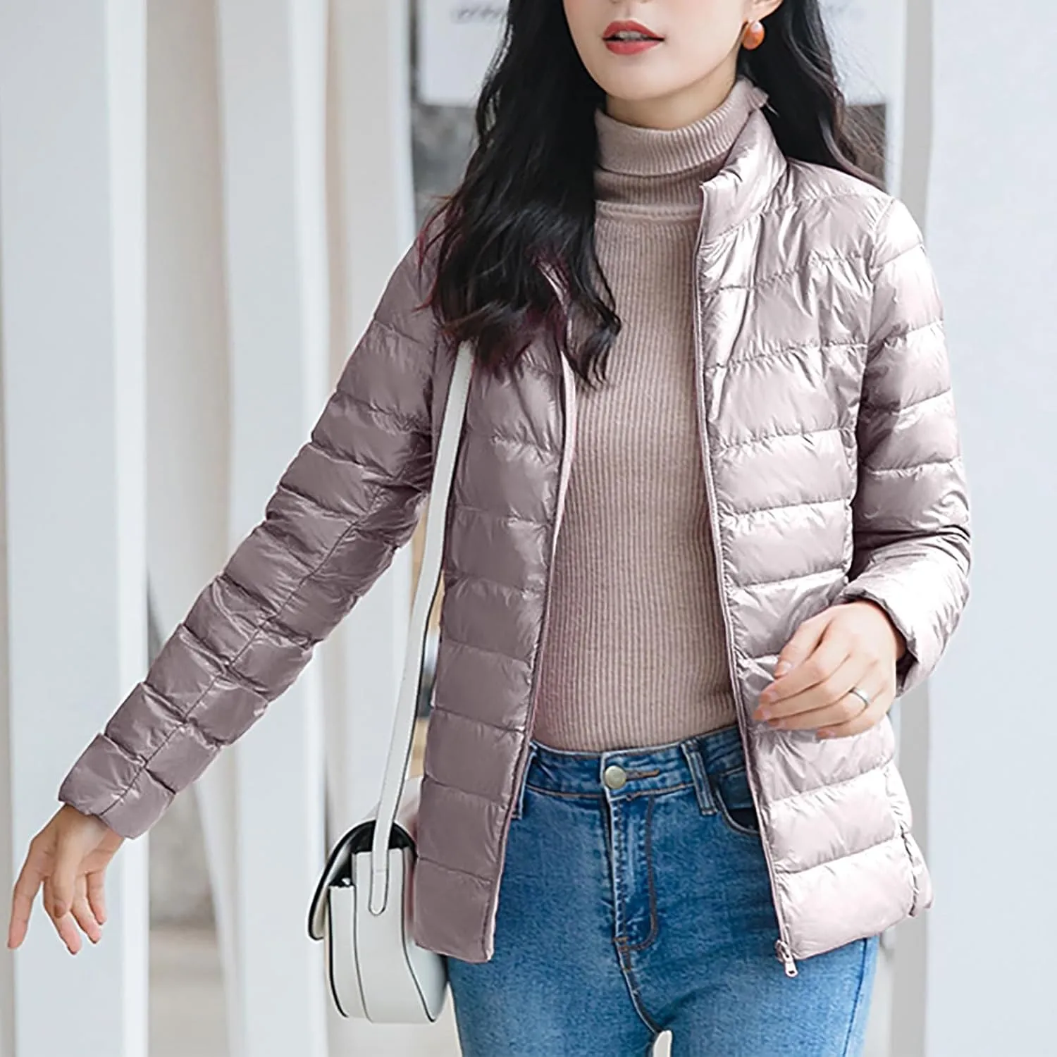BOXIACEY Winter Coats for Women Solid Packable Puffer Down Jackets Warm Parkas Stand Collar Long Sleeve Outwear with Pockets
