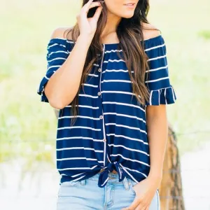 Buttons & Stripes Off the Shoulder Top | Clearance