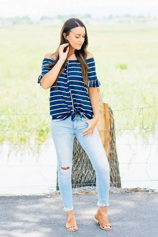 Buttons & Stripes Off the Shoulder Top | Clearance
