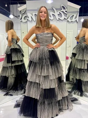 Chic Elegant A-line Strapless Black Long Prom Dresses Cheap Evening Dress lpk153