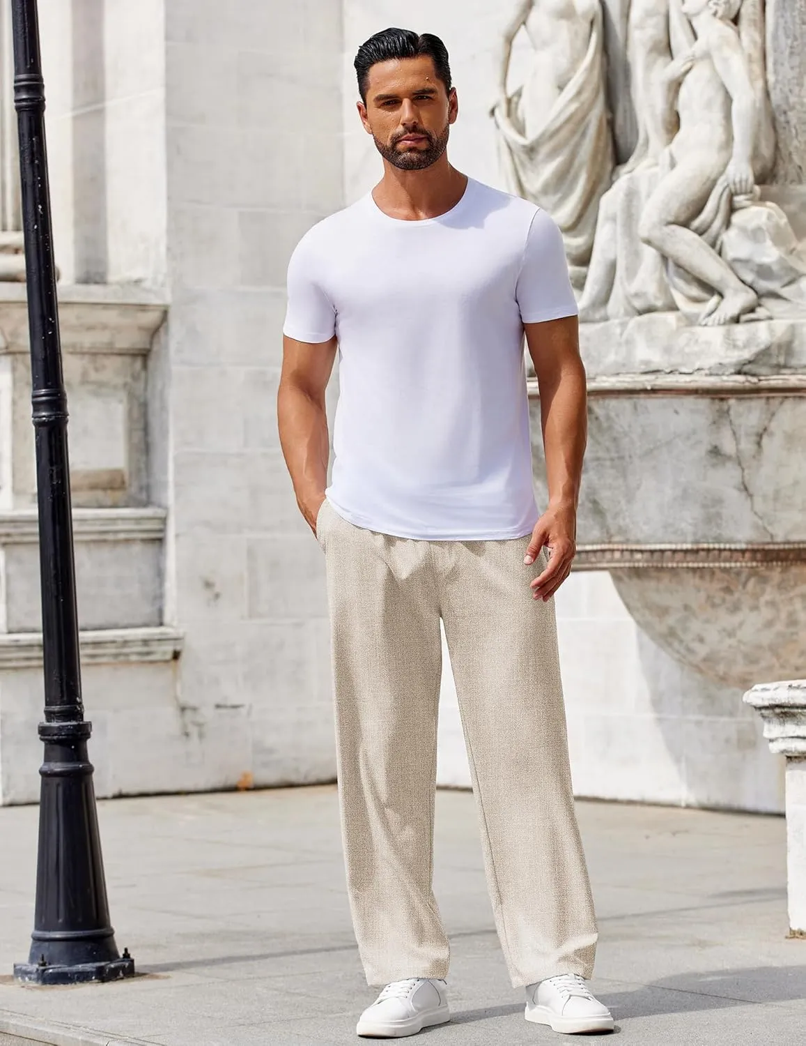 COOFANDY Mens Casual Pants Drawstring Elastic Waist Pants Linen Summer Beach Pants