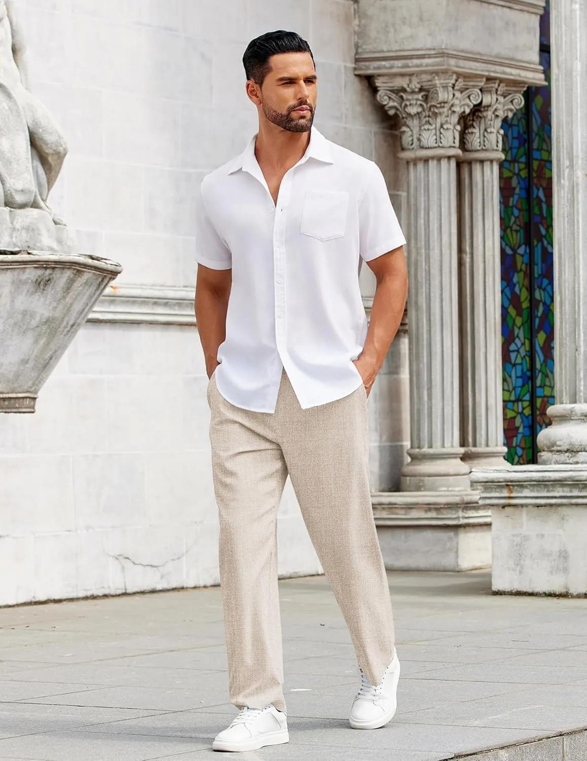 COOFANDY Mens Casual Pants Drawstring Elastic Waist Pants Linen Summer Beach Pants