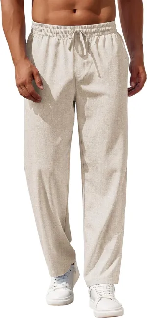 COOFANDY Mens Casual Pants Drawstring Elastic Waist Pants Linen Summer Beach Pants