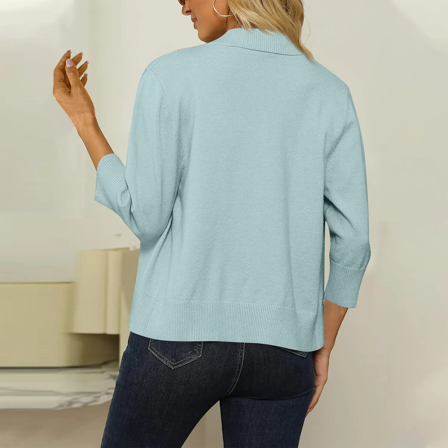 Cropped Cardigan Sweaters for Women Lightweight 3/4 Sleeve Open Front Short Shrugs Cardigans Fall Sweater Jacket Tops