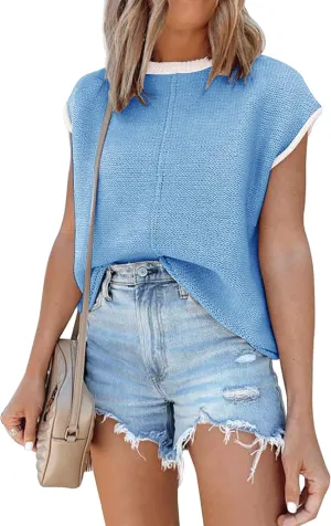 Disamer Womens Summer Cap Sleeve Tops Sleeveless Sweater Vest Casual Loose Fit Striped Knit Lightweight Pullover