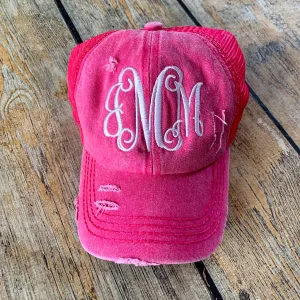 Distressed High Ponytail Monogram Hat