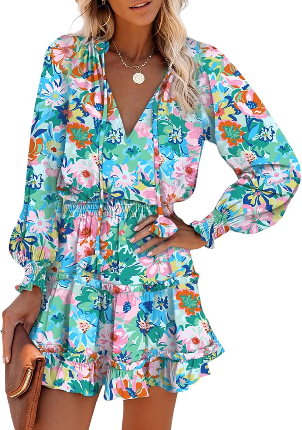 Dokotoo Spring Dresses for 2025 Boho Floral Drawstring V Neck Smocked Long Sleeve Ruffle Tiered Chiffon Mini Short Dress