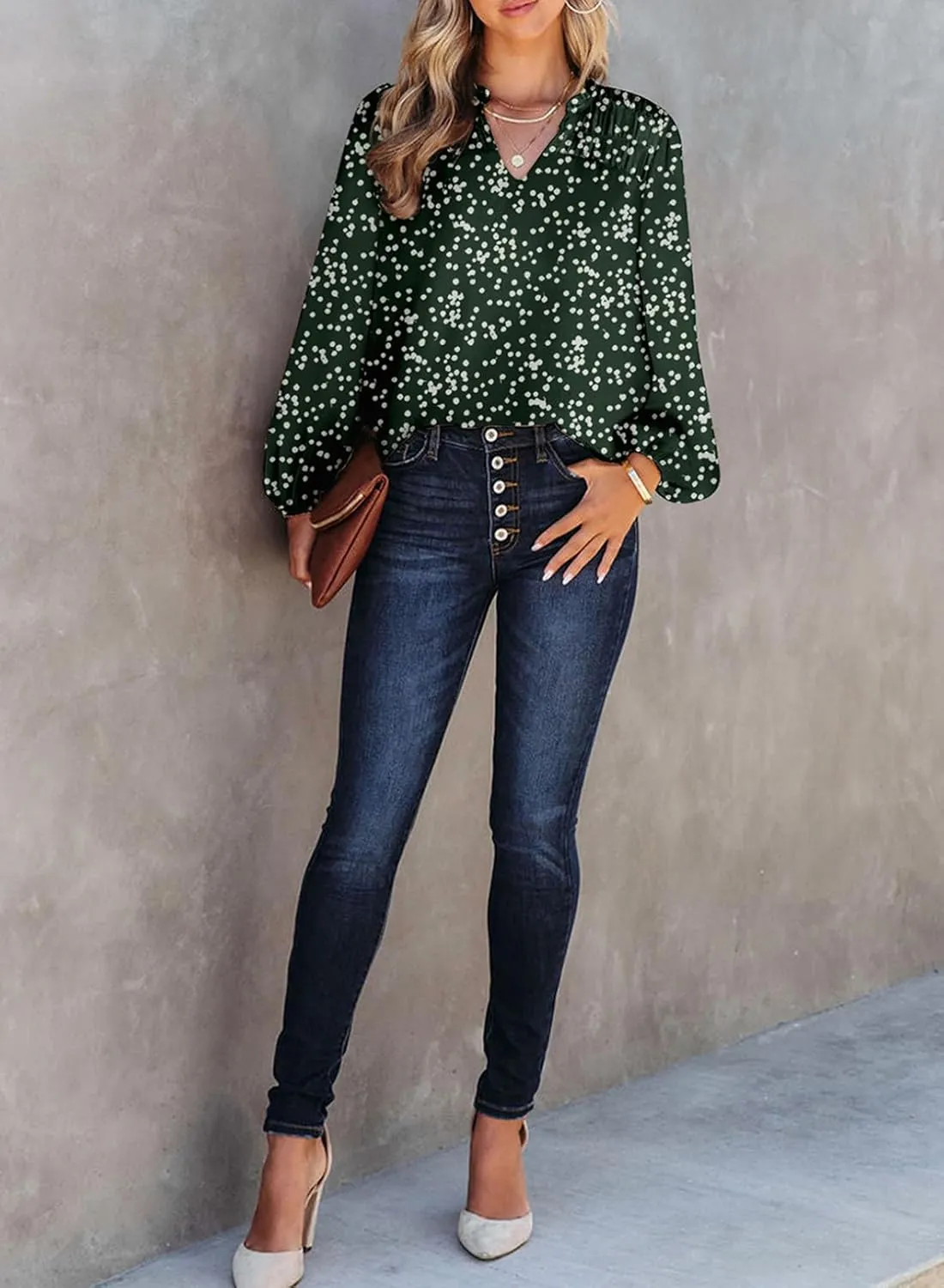 Dokotoo Women's Casual V Neck Alicia Floral Print Smocked Long Sleeve Chiffon Blouses Bohemian Top Shirts