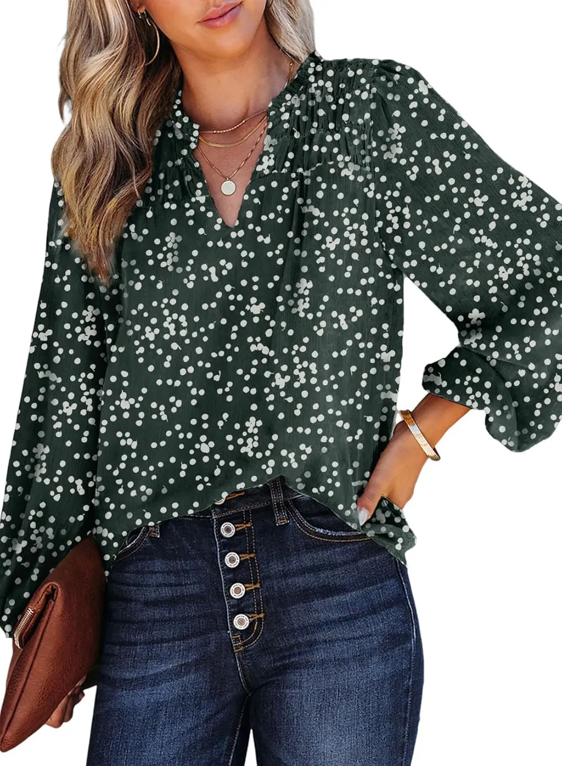 Dokotoo Women's Casual V Neck Alicia Floral Print Smocked Long Sleeve Chiffon Blouses Bohemian Top Shirts