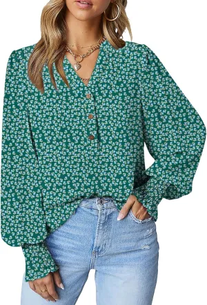 Dokotoo Women's Casual V Neck Easel Floral Print Long Sleeve Blouses Smocked Button Down Shirts Bohemian Top