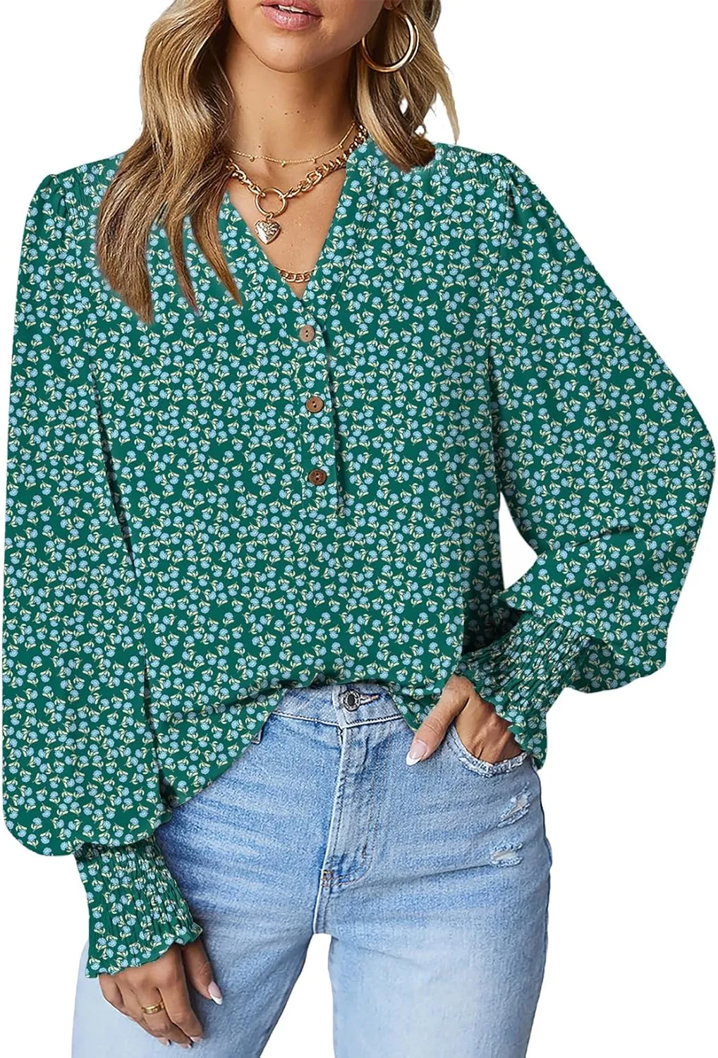 Dokotoo Women's Casual V Neck Easel Floral Print Long Sleeve Blouses Smocked Button Down Shirts Bohemian Top