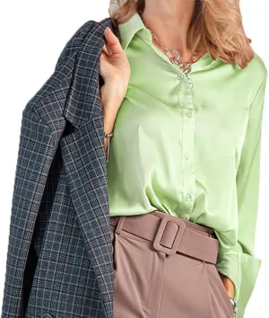 Elegant Women's Silk Satin Button-Down Shirt - Luxury Long Sleeve Collared Blouse for Casual or Formal Wear
