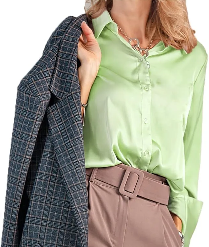 Elegant Women's Silk Satin Button-Down Shirt - Luxury Long Sleeve Collared Blouse for Casual or Formal Wear
