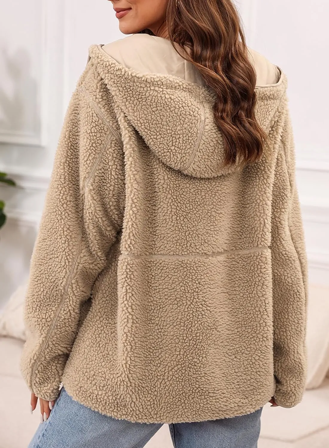 EVALESS Womens Fleece Jackets Solid Zip Up Coats Long Sleeve Fuzzy Hooded Jacket Outerwear With Pockets