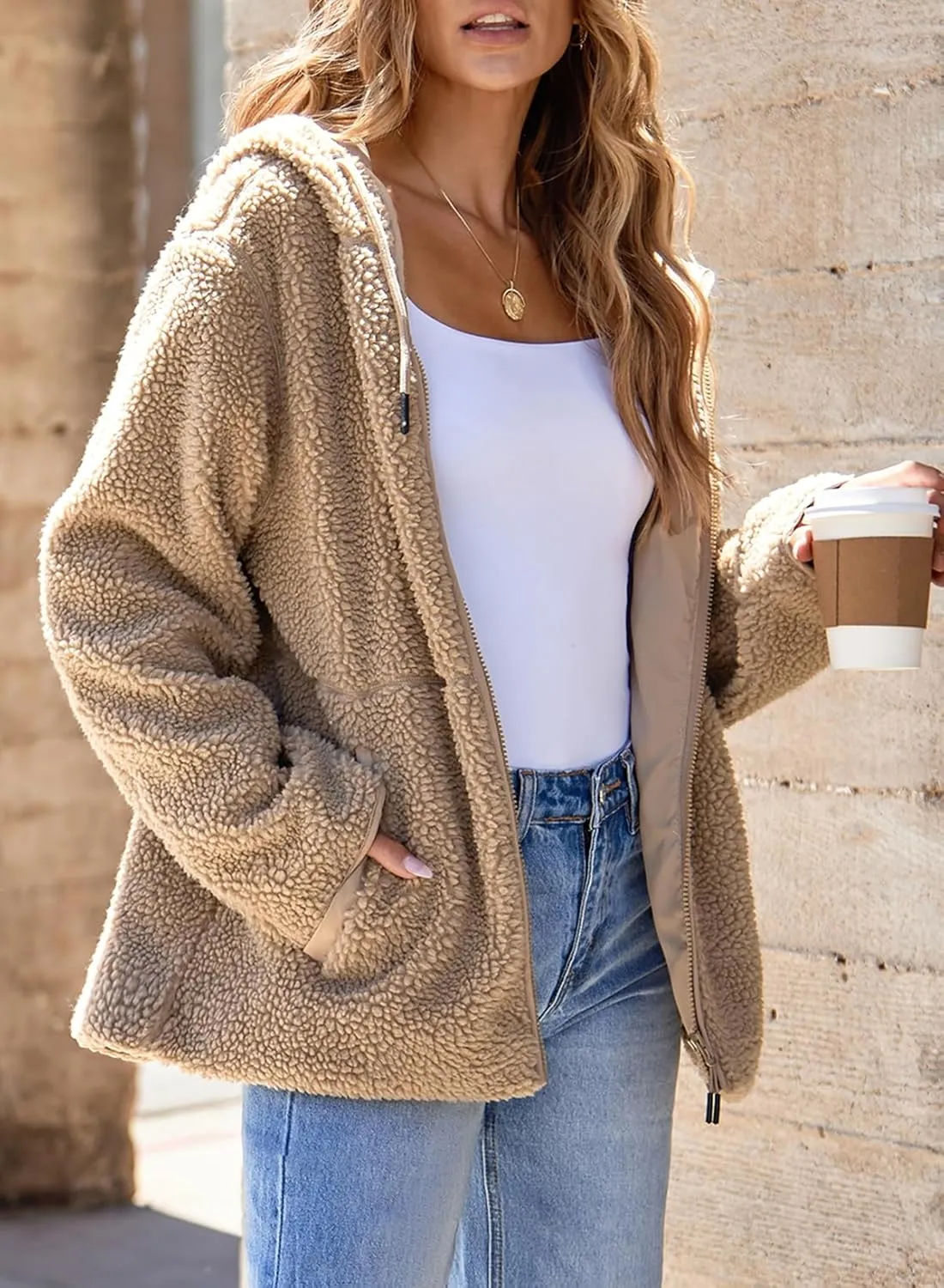 EVALESS Womens Fleece Jackets Solid Zip Up Coats Long Sleeve Fuzzy Hooded Jacket Outerwear With Pockets