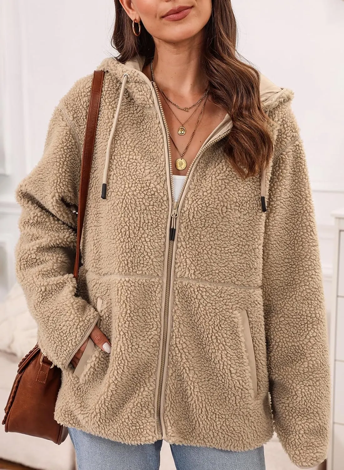 EVALESS Womens Fleece Jackets Solid Zip Up Coats Long Sleeve Fuzzy Hooded Jacket Outerwear With Pockets