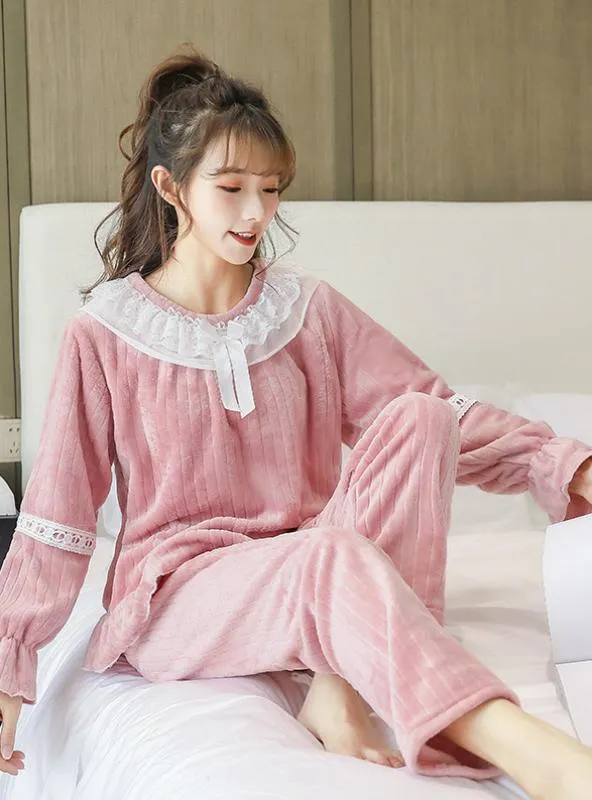 FLANNEL PAJAMAS TROUSERS SOLID LACE SWEET SLEEPWEAR