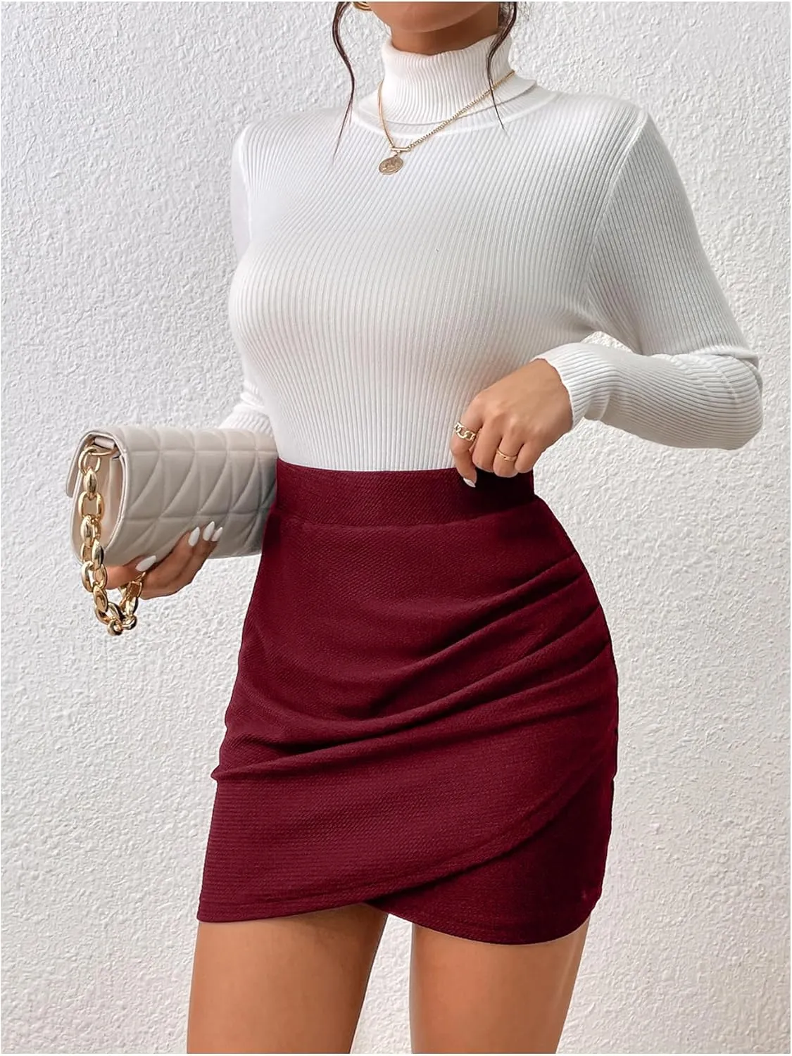 Floerns Women's Wrap Front Ruched High Waist Bodycon Skirts Solid Pencil Mini Skirts