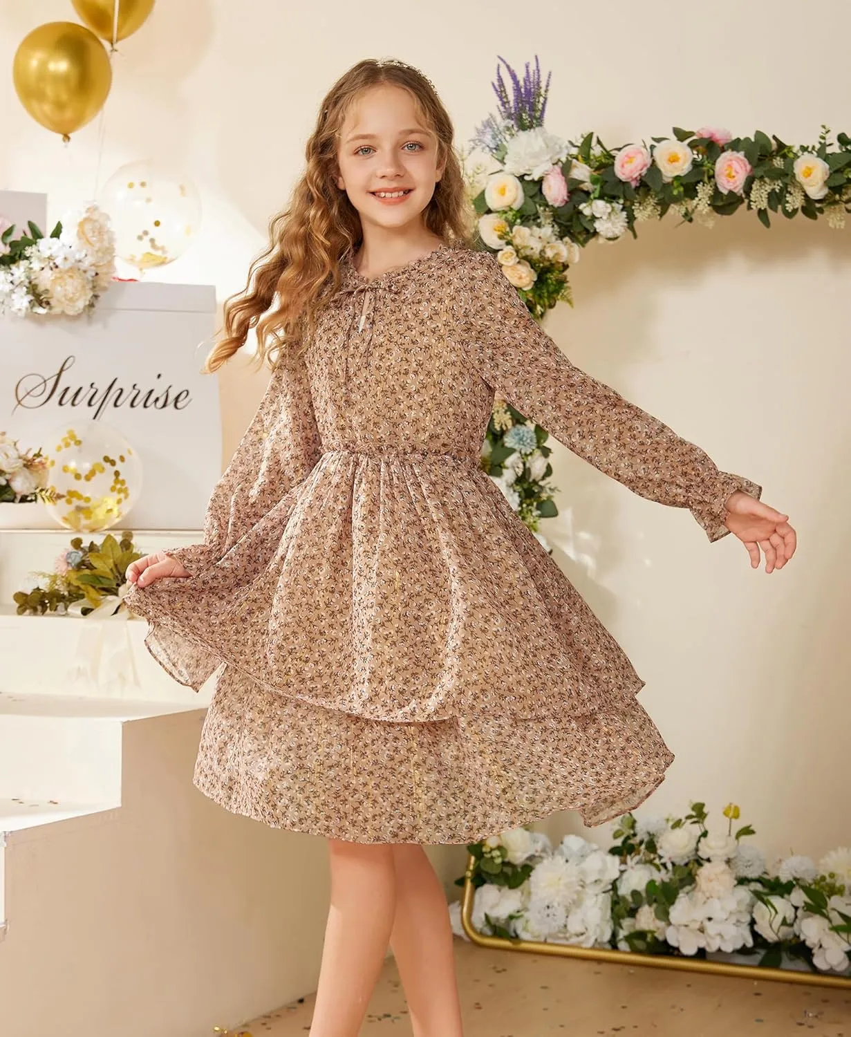 GRACE KARIN Girls Fall Long Sleeve Dress Formal Party Holiday Smocked Waist Midi Dresses 5-12Years