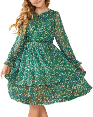 GRACE KARIN Girls Fall Long Sleeve Dress Formal Party Holiday Smocked Waist Midi Dresses 5-12Years