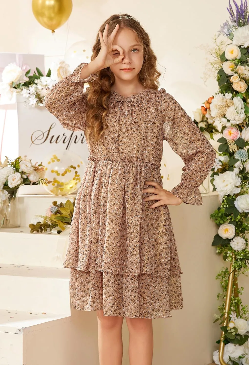 GRACE KARIN Girls Fall Long Sleeve Dress Formal Party Holiday Smocked Waist Midi Dresses 5-12Years