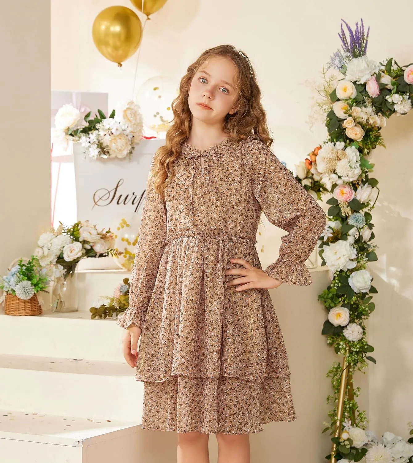 GRACE KARIN Girls Fall Long Sleeve Dress Formal Party Holiday Smocked Waist Midi Dresses 5-12Years