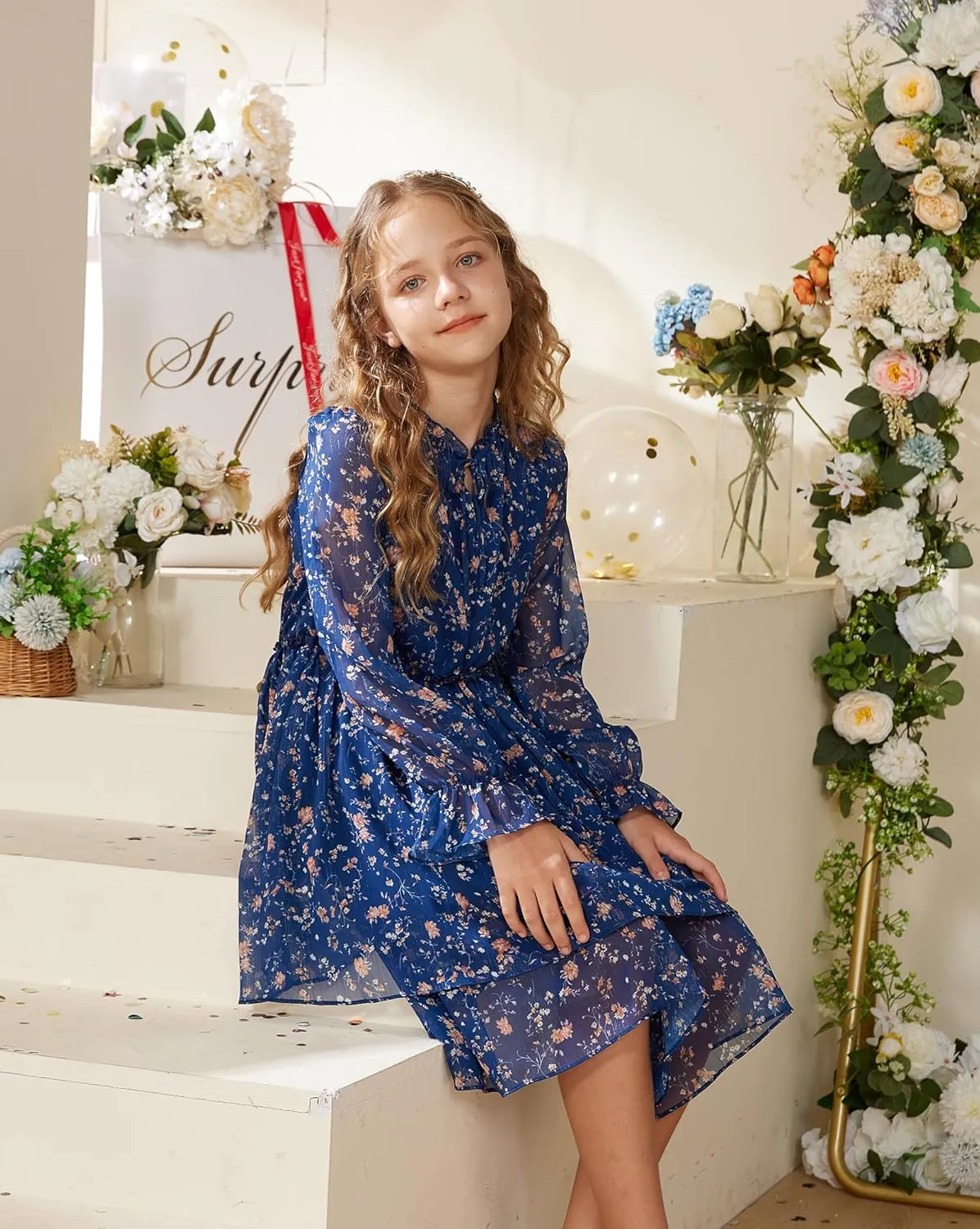 GRACE KARIN Girls Fall Long Sleeve Dress Formal Party Holiday Smocked Waist Midi Dresses 5-12Years