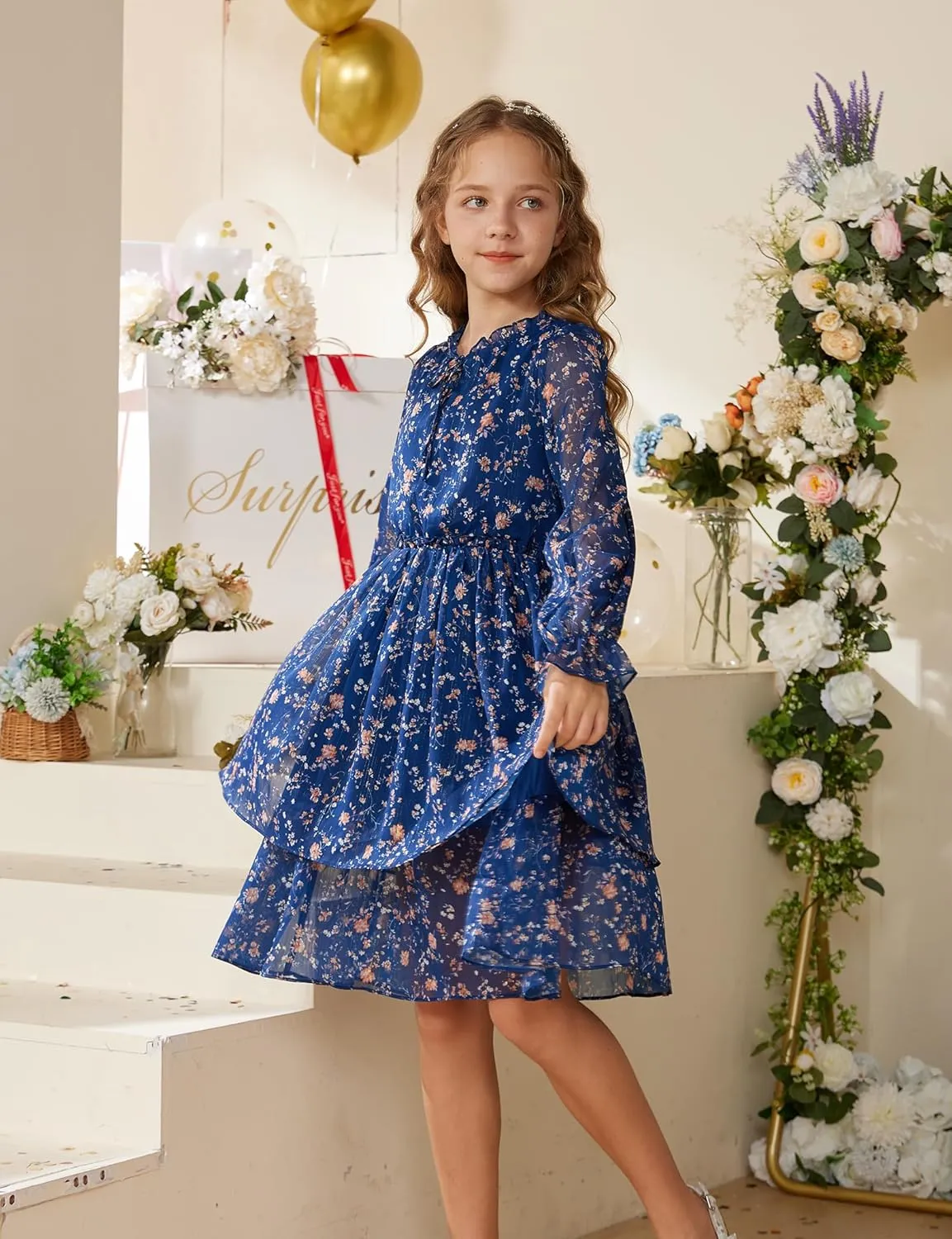 GRACE KARIN Girls Fall Long Sleeve Dress Formal Party Holiday Smocked Waist Midi Dresses 5-12Years