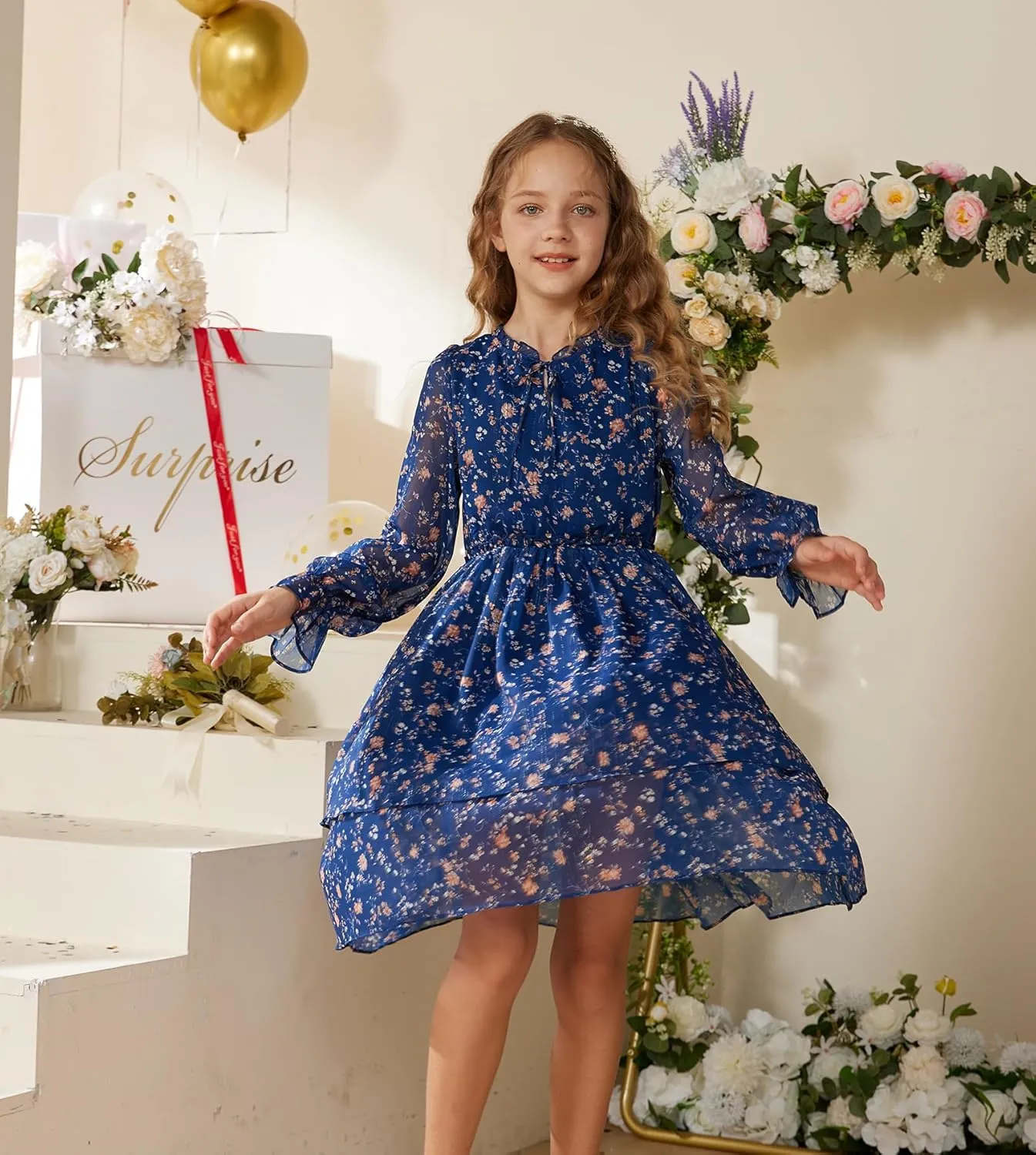 GRACE KARIN Girls Fall Long Sleeve Dress Formal Party Holiday Smocked Waist Midi Dresses 5-12Years