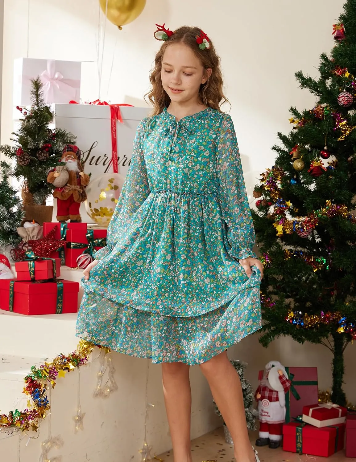 GRACE KARIN Girls Fall Long Sleeve Dress Formal Party Holiday Smocked Waist Midi Dresses 5-12Years