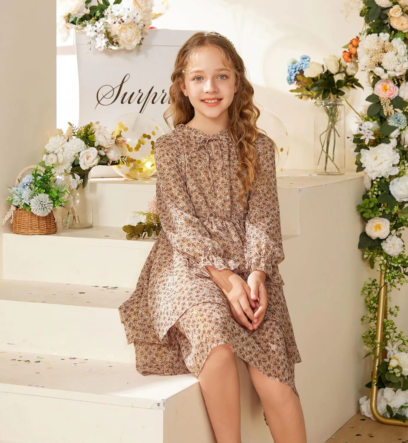GRACE KARIN Girls Fall Long Sleeve Dress Formal Party Holiday Smocked Waist Midi Dresses 5-12Years