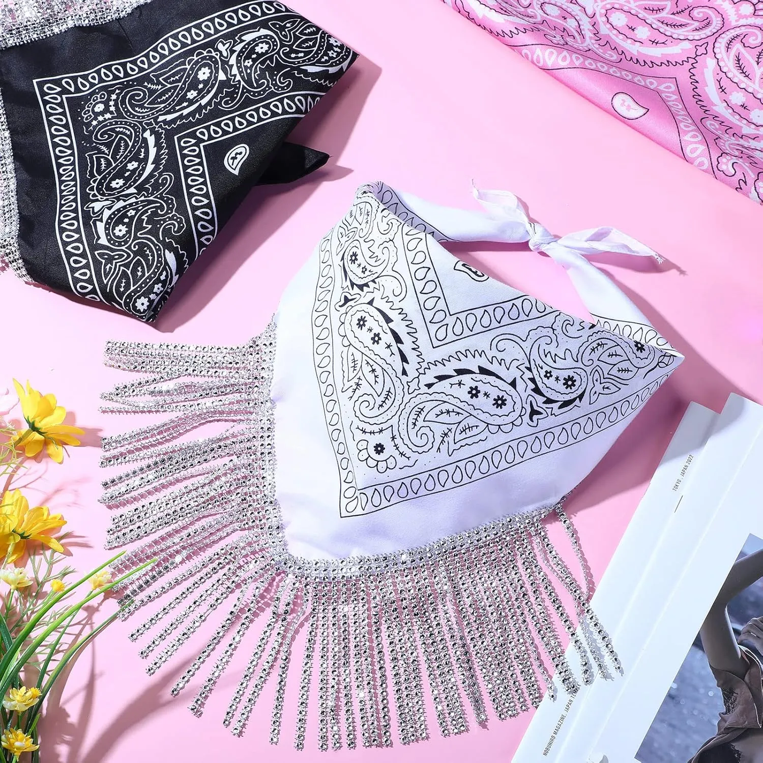 Handepo 2 Pcs Disco Fringed Bandana Last Disco Paisley Bandanas Rhinestone Fringe Bandanas for Women Western Party Favor