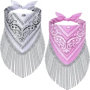 Handepo 2 Pcs Disco Fringed Bandana Last Disco Paisley Bandanas Rhinestone Fringe Bandanas for Women Western Party Favor