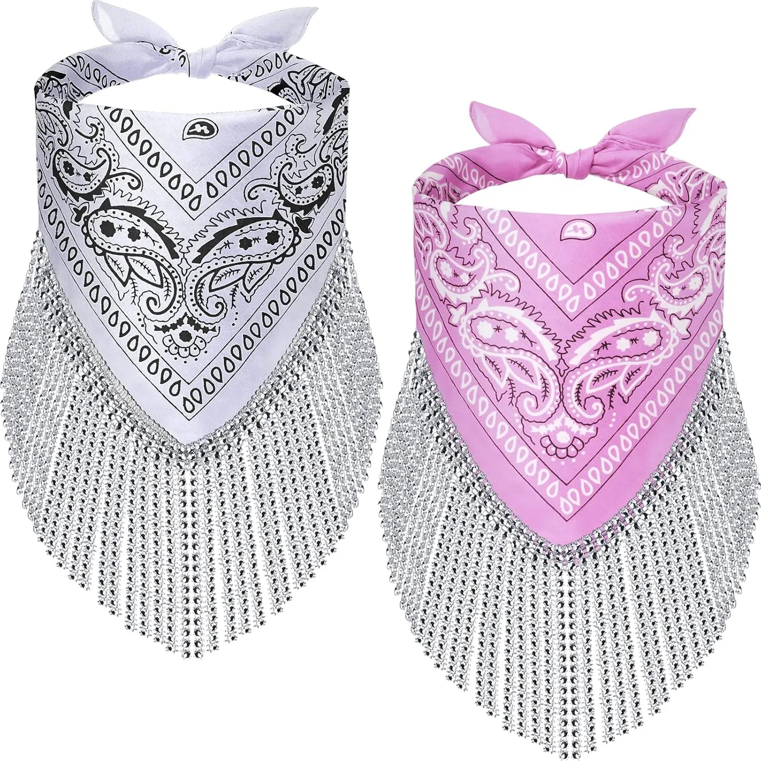 Handepo 2 Pcs Disco Fringed Bandana Last Disco Paisley Bandanas Rhinestone Fringe Bandanas for Women Western Party Favor