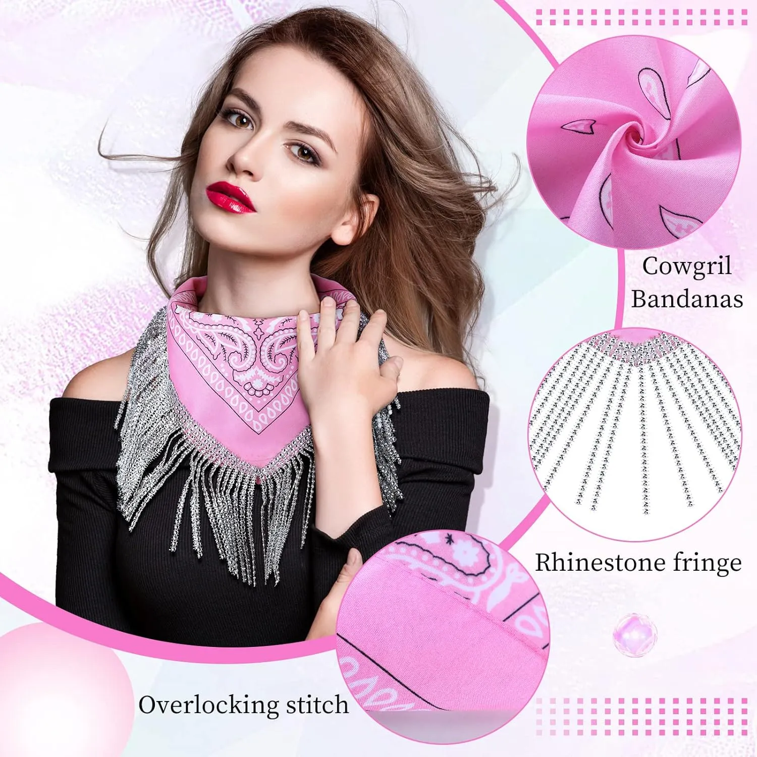 Handepo 2 Pcs Disco Fringed Bandana Last Disco Paisley Bandanas Rhinestone Fringe Bandanas for Women Western Party Favor
