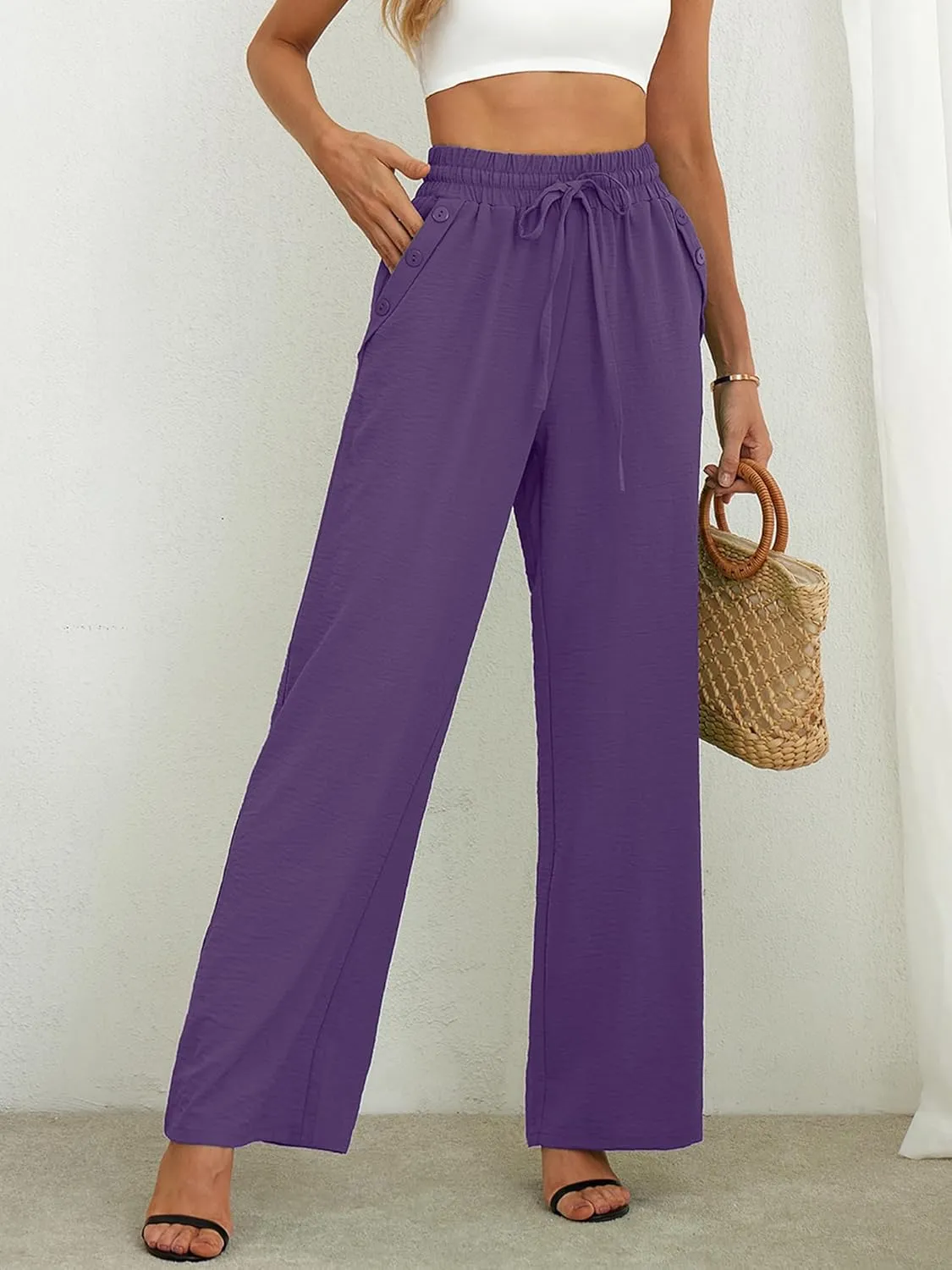 Heymoments Women's Wide Leg Lounge Pants Lightweight High Waisted Adjustable Tie Knot Loose Fit Trousers with Pockets