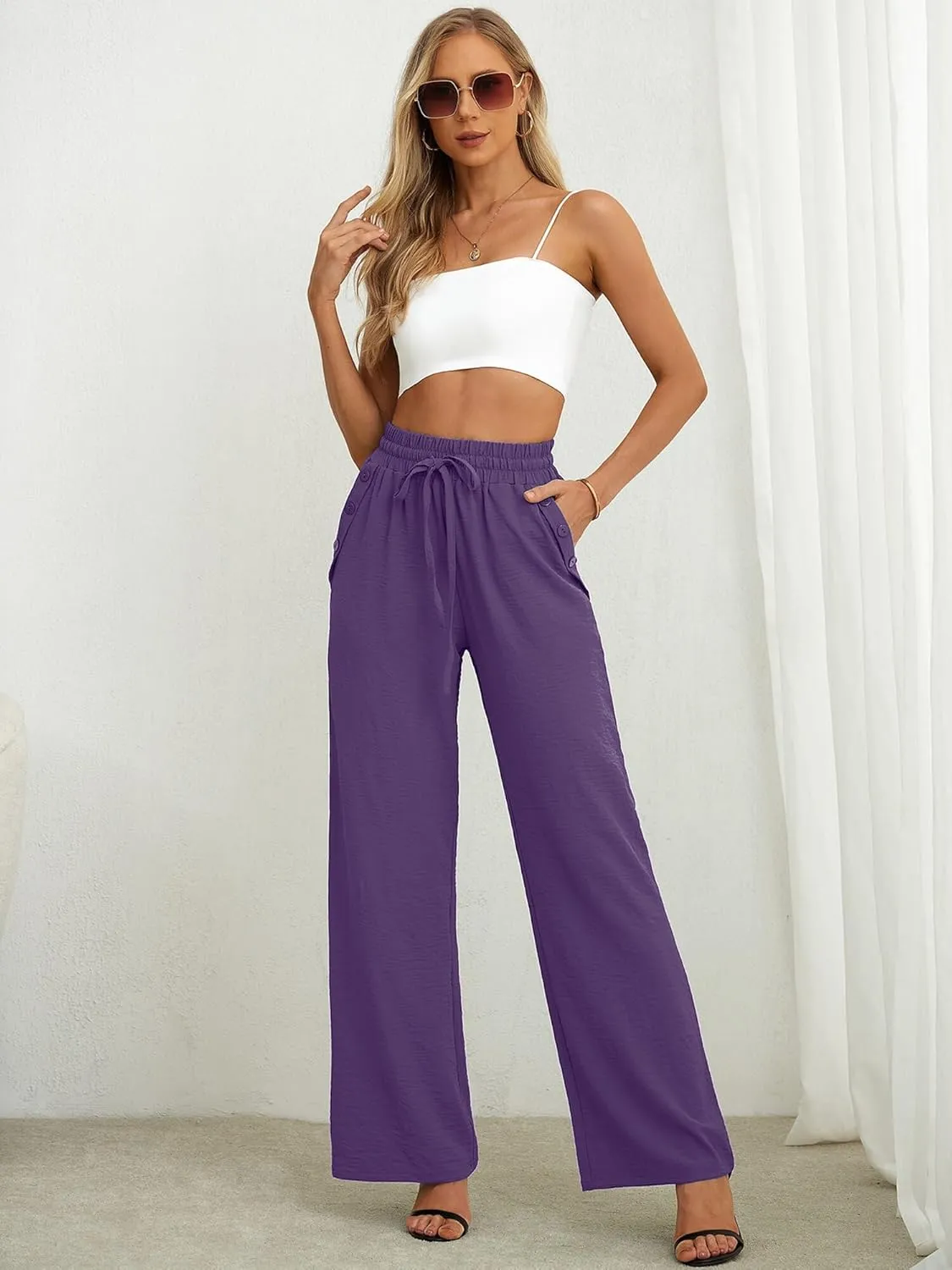Heymoments Women's Wide Leg Lounge Pants Lightweight High Waisted Adjustable Tie Knot Loose Fit Trousers with Pockets